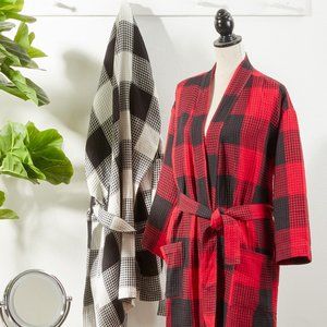 CLOSEOUT! Buffalo Plaid 100% Cotton Waffle Weave Bath Robe BLACK OR RED, unisex